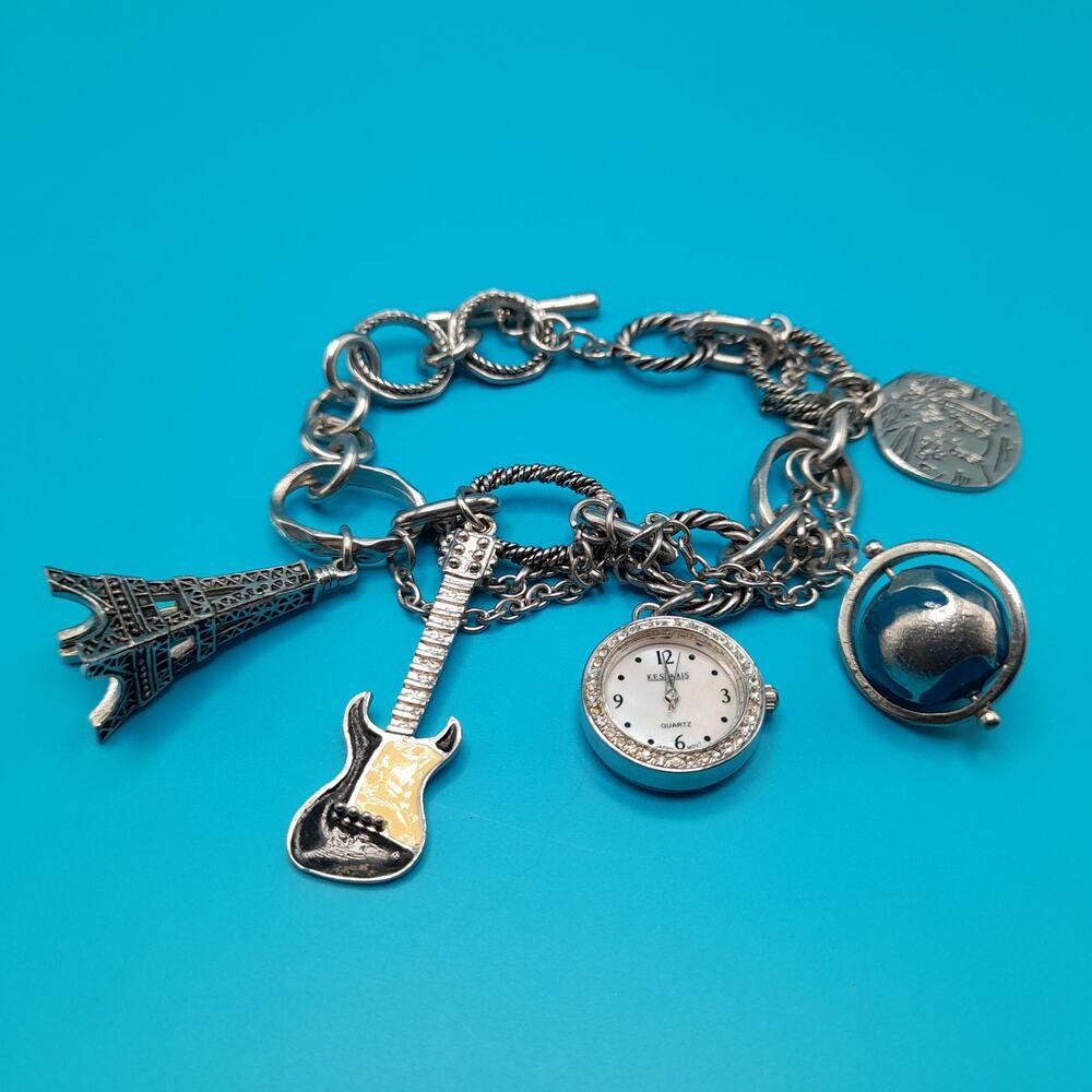 Vintage Charm Bracelet, Eiffel Tower, Globe, Guitar, Watch, 8 1/2"